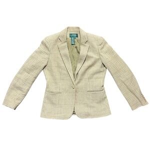 Lauren‎ Ralph Lauren Women's Plaid Blazer Jacket Size 10 Cotton Blend Tan Green